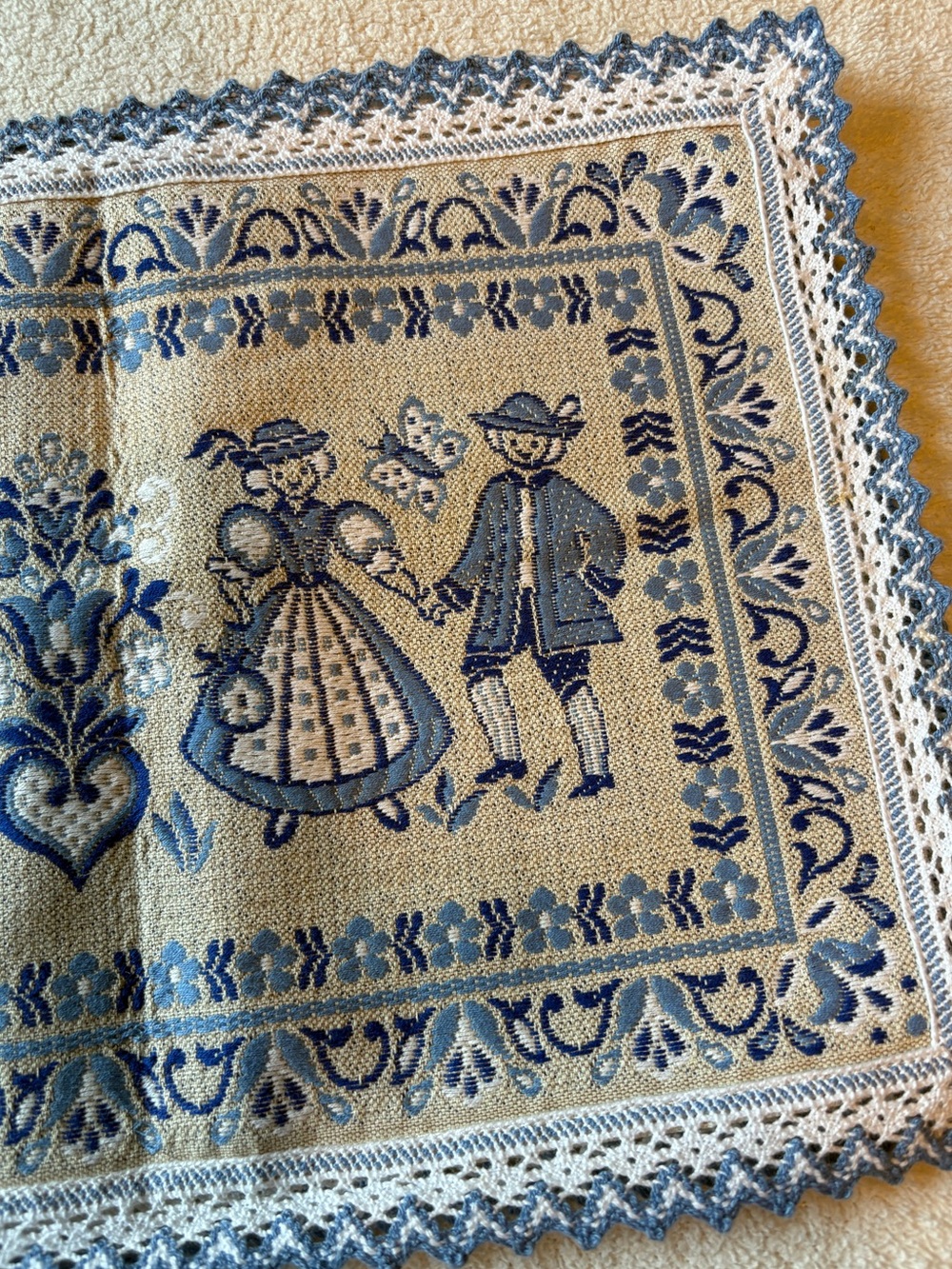 Austrian Tyrolean traditional folk-art woven table runner, blue white